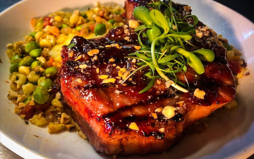 Montana Pork Chop, Parmesan-Scallion Polenta, Edamame Succotash