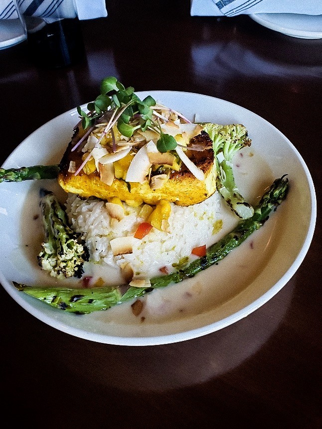halibut, rice and asparagus